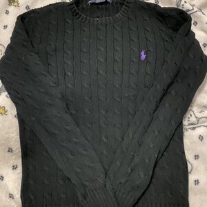 Ralph Lauren Black Cable Knit Sweater with Purple Logo